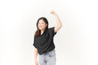 © Sino Images Studio - beautiful Asian woman displays a joyful expression, raising her hand in a celebratory gesture against a white background