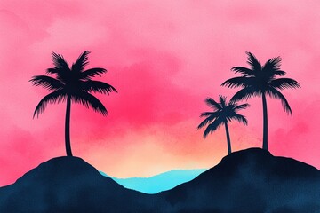 A stunning sunset painting featuring silhouetted palm trees against a vibrant pink and blue sky.