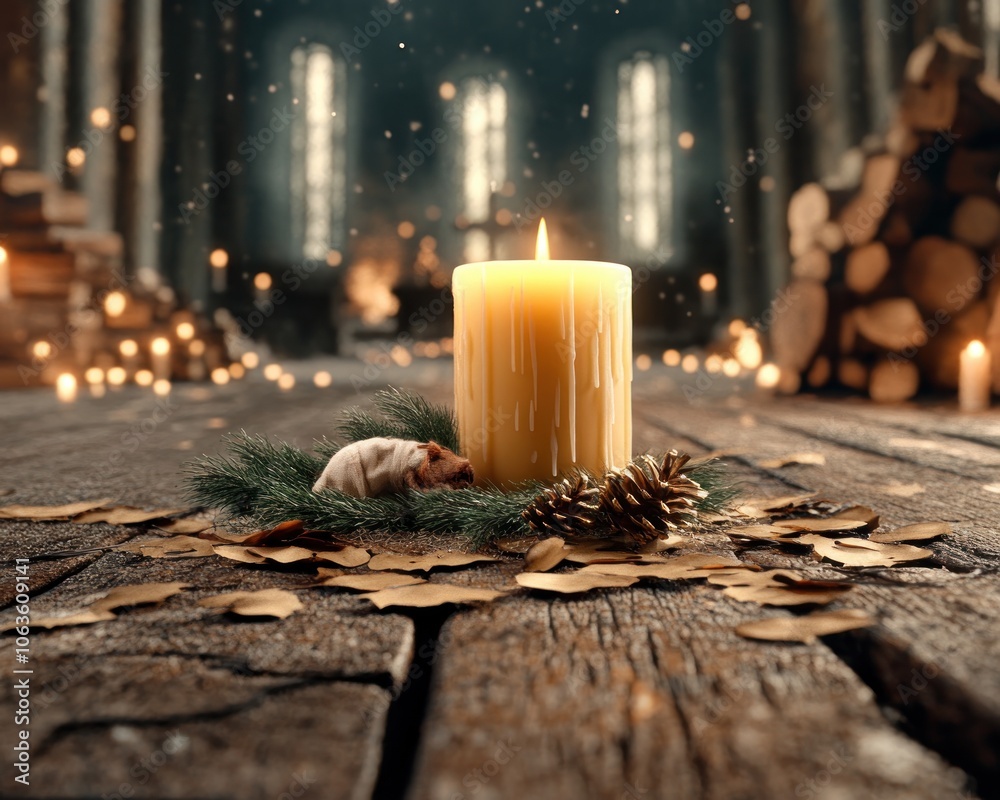 Candlelit Christmas Ceremony in Church, Nativity Scene Display on Altar ...