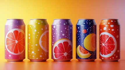 Wall Mural - Colorful tin cans filled with refreshing fruit drinks displayed against a pastel background in a bright and cheerful arrangement