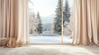 © Danielle - An empty living room with a light color carpet and a bright window with a winter landscape view