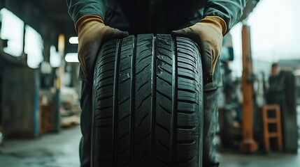 A person holding a tire in a workshop environment, indicating automotive maintenance or repair work.