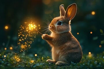 Aufkleber - A whimsical bunny appears to create magical sparkles during dusk, invoking a sense of delight and fantasy as the glowing lights illuminate the twilight scene.