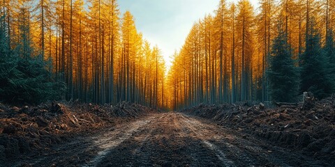 Wall Mural - A Dirt Path Through a Golden Autumn Forest