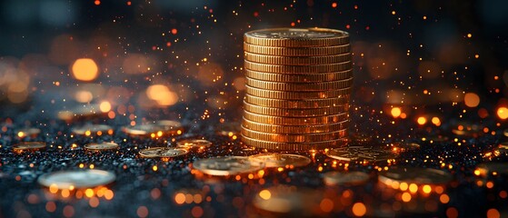 Poster - Stacked Coins with Glowing Particles on Dark Background