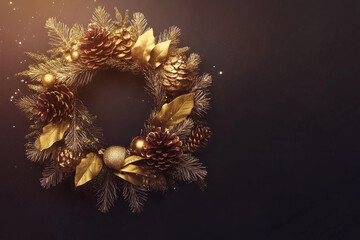 Luxurious Christmas wreath. Holiday illustration with a place for text. Template for background with copy space.