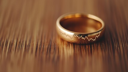 A close-up of a golden ring with a wave pattern engraved, resting on a wooden surface, capturing elegance and detail.