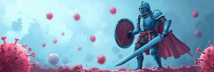 A knight in shining armor confronts bacteria and viruses in a dramatic battle against microscopic foes in a dark landscape