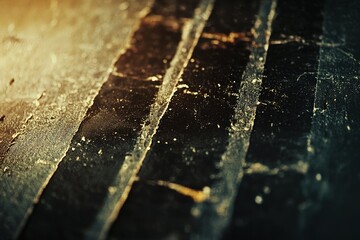 Wall Mural - A close-up of an old, worn film negative with visible scratches and dust. The background is a dark blue hue to accentuate the texture and graininess of the film stock