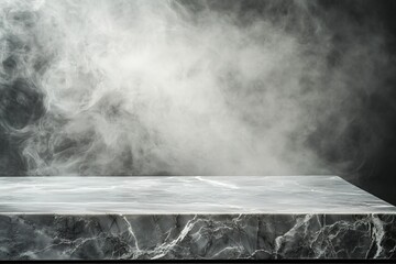 Wall Mural - photo of a gray marble table against a gray wall with a smoky background for product presentation, r