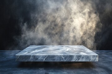 Wall Mural - photo of a gray marble table against a gray wall with a smoky background for product presentation, r