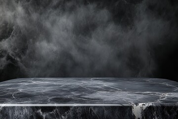Wall Mural - photo of a gray marble table against a gray wall with a smoky background for product presentation, r