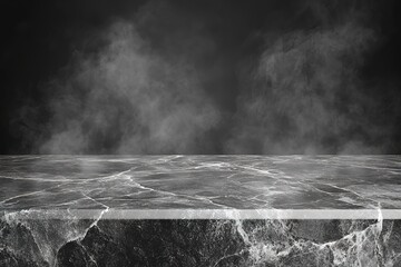 Wall Mural - photo of a gray marble table against a gray wall with a smoky background for product presentation, r