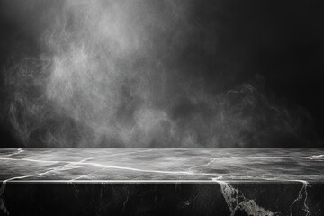 Wall Mural - photo of a gray marble table against a gray wall with a smoky background for product presentation, r