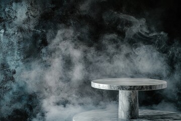 Wall Mural - photo of a gray marble table against a gray wall with a smoky background for product presentation, r