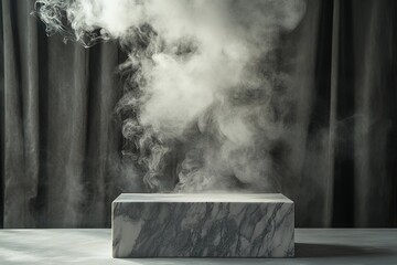 Wall Mural - photo of a gray marble table against a gray wall with a smoky background for product presentation, r