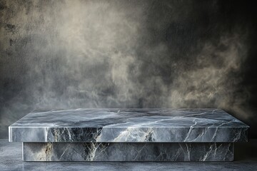 Wall Mural - photo of a gray marble table against a gray wall with a smoky background for product presentation, r