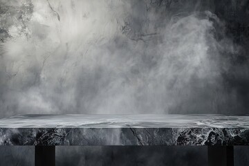 Wall Mural - photo of a gray marble table against a gray wall with a smoky background for product presentation, r