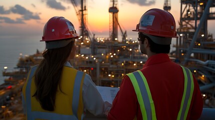 Two workers in safety gear observe an oil rig at sunset, highlighting industry and teamwork.