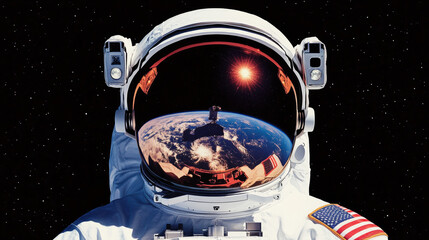 Wall Mural - Close-up of an astronaut's helmet reflecting Earth and the sun.