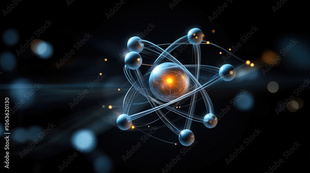 Ilustração 3D rendering of atomic structure with glowing particles and ...