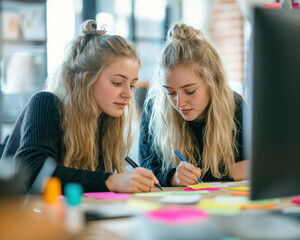 Smiling and working happily together, two young professionals in a modern office represent the productivity and collaboration of a modern business environment.