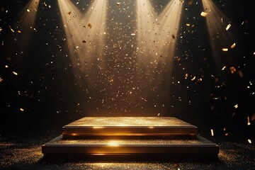 Wall Mural - a gold podium illuminated by spotlights on an empty stage with golden confetti flying around, creati