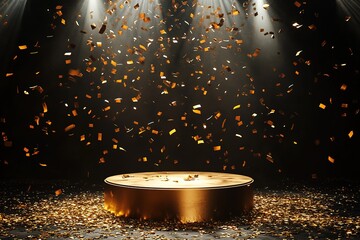 Poster - A gold podium illuminated by spotlights on an empty stage with golden confetti flying around, creating the perfect backdrop for showcasing your award-winning products 