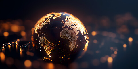 Wall Mural - global network lights glowing on digital earth globe, world data connectivity, gold on black backgro
