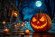 © Ashan - Jack-o'-Lantern on a Cobblestone Path with a Full Moon