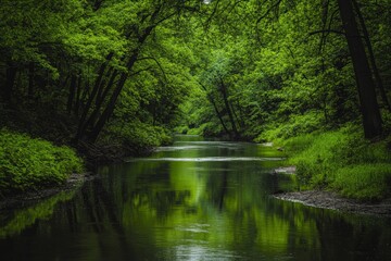 Poster - A beautiful image of a serene river flowing smoothly through a lush, vibrant forest, enhancing the natural beauty and creating a picturesque, tranquil ambiance.