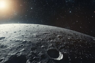 Aufkleber - The rugged, cratered terrain of the moon stretches out beneath a vast star-filled sky, evoking a sense of mystery and wonder in the endless cosmic expanse beyond.