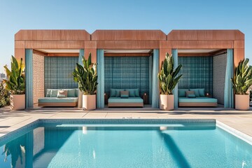 Poster - A sophisticated pool area featuring elegant cabanas with a modern design, adorned by lush greenery and offering a perfect blend of relaxation and style in a serene environment.