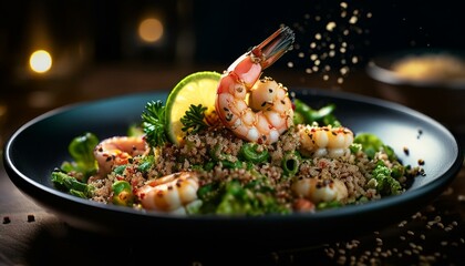 Wall Mural - Quinoa salad served with shrimps on top for starter in black plate