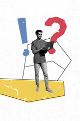 Aufkleber - Vertical photo collage of happy businessman freelancer type laptop question exclamation sign isolated on painted background