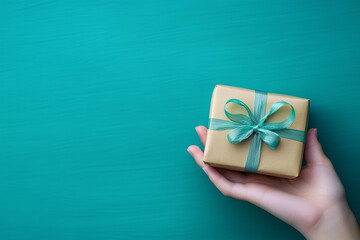 Hand holding gift isolated on a blue background