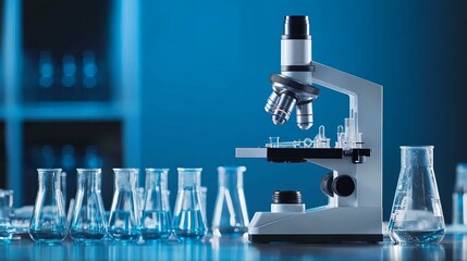 Poster - A laboratory setup featuring a microscope and glassware for scientific experiments.