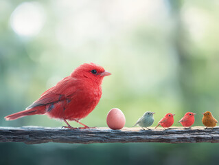 vibrant red bird stands beside egg and progression of smaller birds, showcasing life cycle of bird from egg to adult. This captivating scene highlights nature beauty and growth