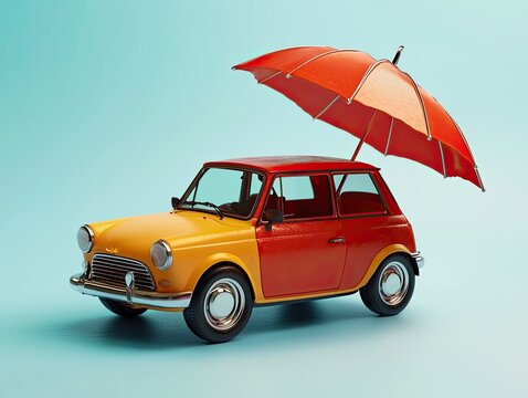 a toy car sheltered under an open umbrella against a blue background