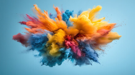 Poster - explosion of vibrant colors and abstract shapes creates stunning visual display, showcasing mix of yellow, blue, red, and orange hues against soft blue background