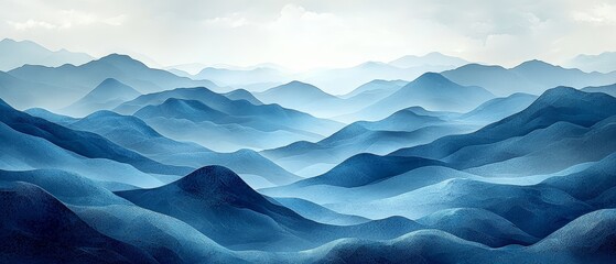 serene blue mountain landscape with layered hills under a soft sky.