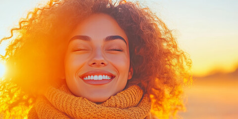 Wall Mural - A young woman with curly hair smiles brightly at the sunset.