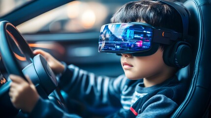 Poster - Lifestyle photo of a child using augmented reality glasses to view 2D educational content overlaid on 3D objects, merging learning with technology, 4k resolution