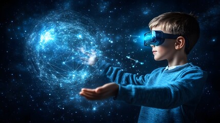 Poster - Lifestyle photo of a child using augmented reality glasses to view 2D educational content overlaid on 3D objects, merging learning with technology, 4k resolution