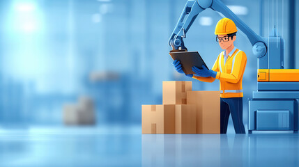 Efficient worker in safety gear checks inventory with robotic arm nearby. scene highlights modern logistics and automation in warehouse environment