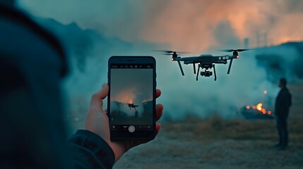 Poster - Lifestyle photo of a person holding a smartphone with 2D interface controls for a 3D drone flying nearby, blending control with real-time application, 4k resolution