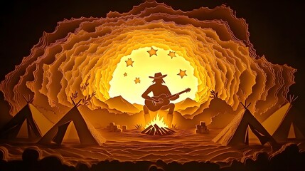 A mesmerizing paper cut style digital depicting a musician playing guitar by a warm campfire surrounded by tents stars and marshmallows in a serene layered desert landscape under the night sky