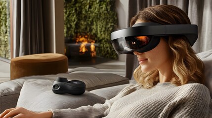 Poster - Lifestyle photo of a woman using virtual reality controls to view 2D metrics on a 3D product prototype, integrating analytics with design, 4k resolution