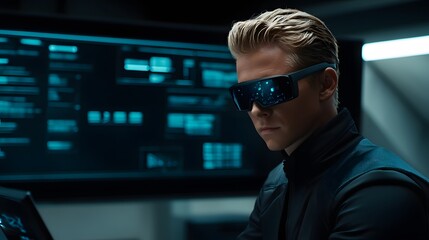 Poster - Lifestyle photo of a man using augmented reality glasses to view a 3D AI interface with 2D task options floating around, creating a futuristic workspace, 4k resolution