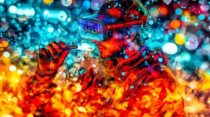 Poster - Lifestyle photo of a man using augmented reality glasses to view a 3D AI interface with 2D task options floating around, creating a futuristic workspace, 4k resolution